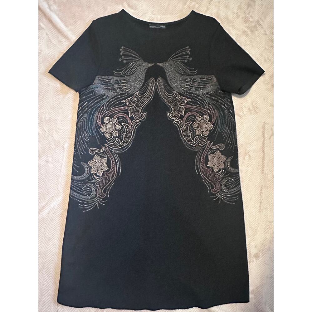 Zara Peacock Embellished A-line Dress, Black, M